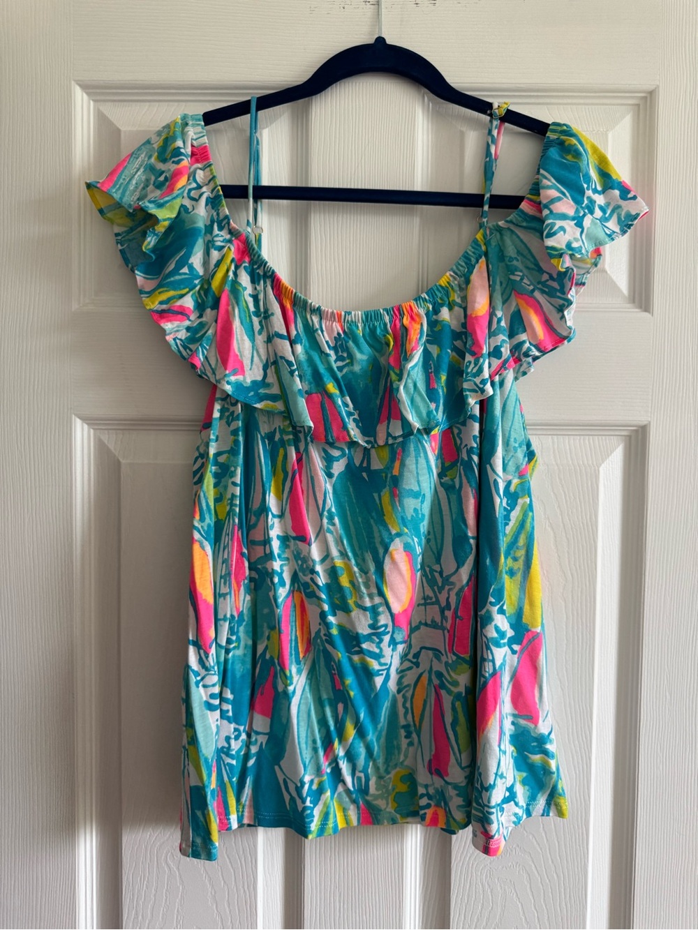 Lilly Pulitzer Teal Floral Print Ruffle Top Beach & Bae Sunglow print